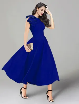 Luolandi A-Line Wedding Guest Dresses Backless Dress Summer Tea Length Sleeveless Jewel Neck Stretch Fabric