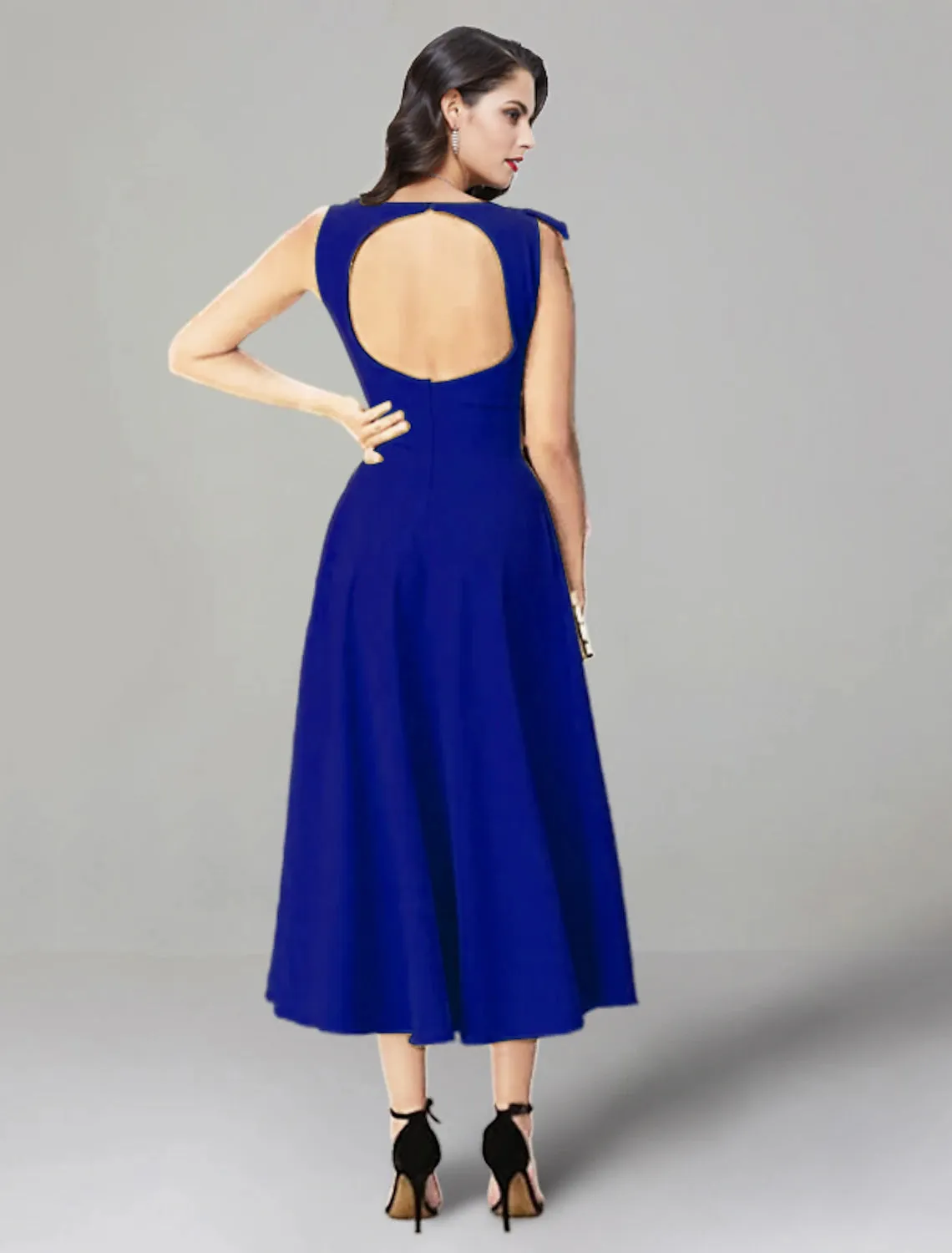 Luolandi A-Line Wedding Guest Dresses Backless Dress Summer Tea Length Sleeveless Jewel Neck Stretch Fabric