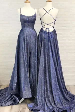 Luolandi Blue A-Line Backless Long Prom Dresses Evening Dresses Sparkly