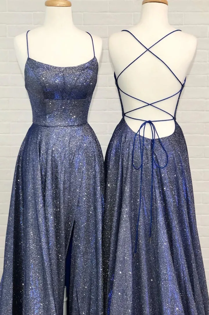 Luolandi Blue A-Line Backless Long Prom Dresses Evening Dresses Sparkly