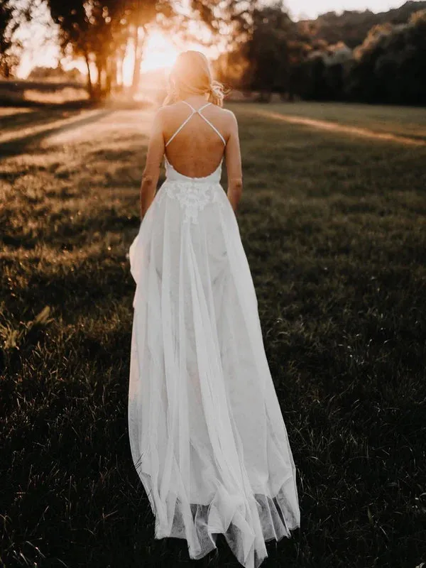 Luolandi Elegant Long Tulle Halter Neckline Backless A-line Wedding Dresses With Appliques Sexy