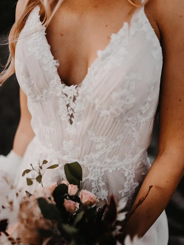 Luolandi Elegant Long Tulle Halter Neckline Backless A-line Wedding Dresses With Appliques Sexy