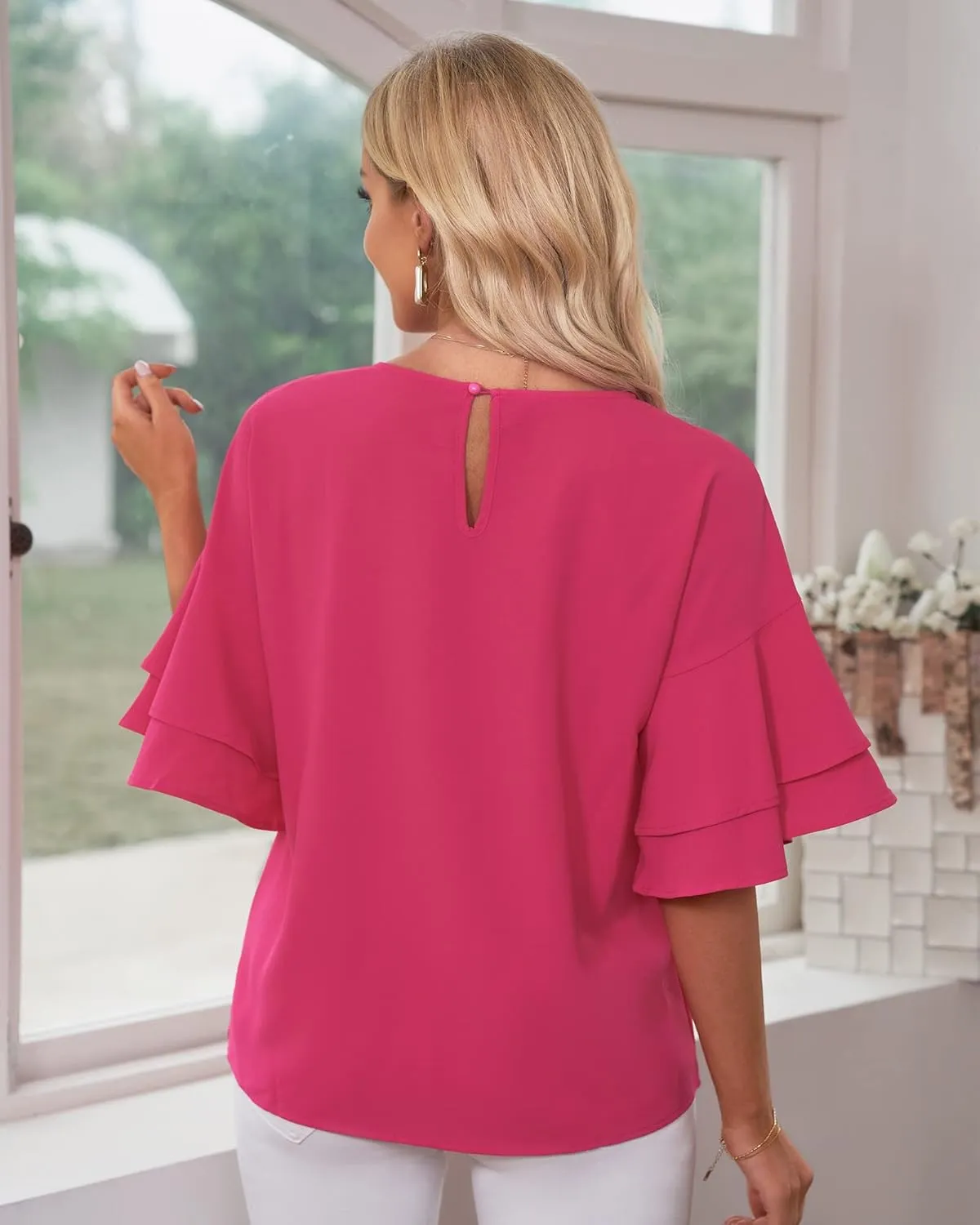 luvamia Women's Casual 3/4 Tiered Bell Sleeve Crewneck Loose Tops Blouses Shirt