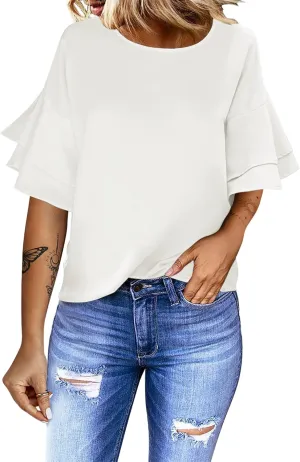 luvamia Women's Casual 3/4 Tiered Bell Sleeve Crewneck Loose Tops Blouses Shirt