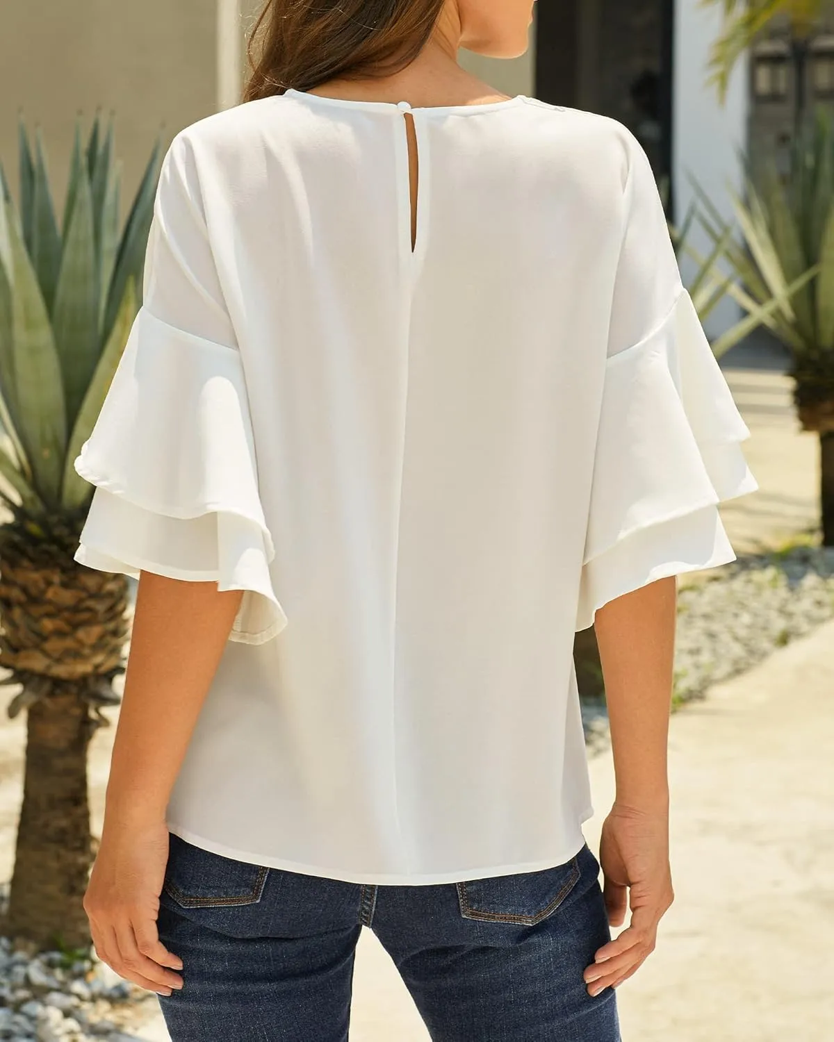 luvamia Women's Casual 3/4 Tiered Bell Sleeve Crewneck Loose Tops Blouses Shirt