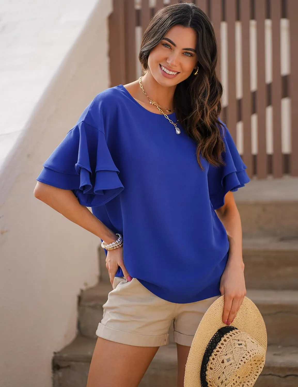 luvamia Women's Casual 3/4 Tiered Bell Sleeve Crewneck Loose Tops Blouses Shirt