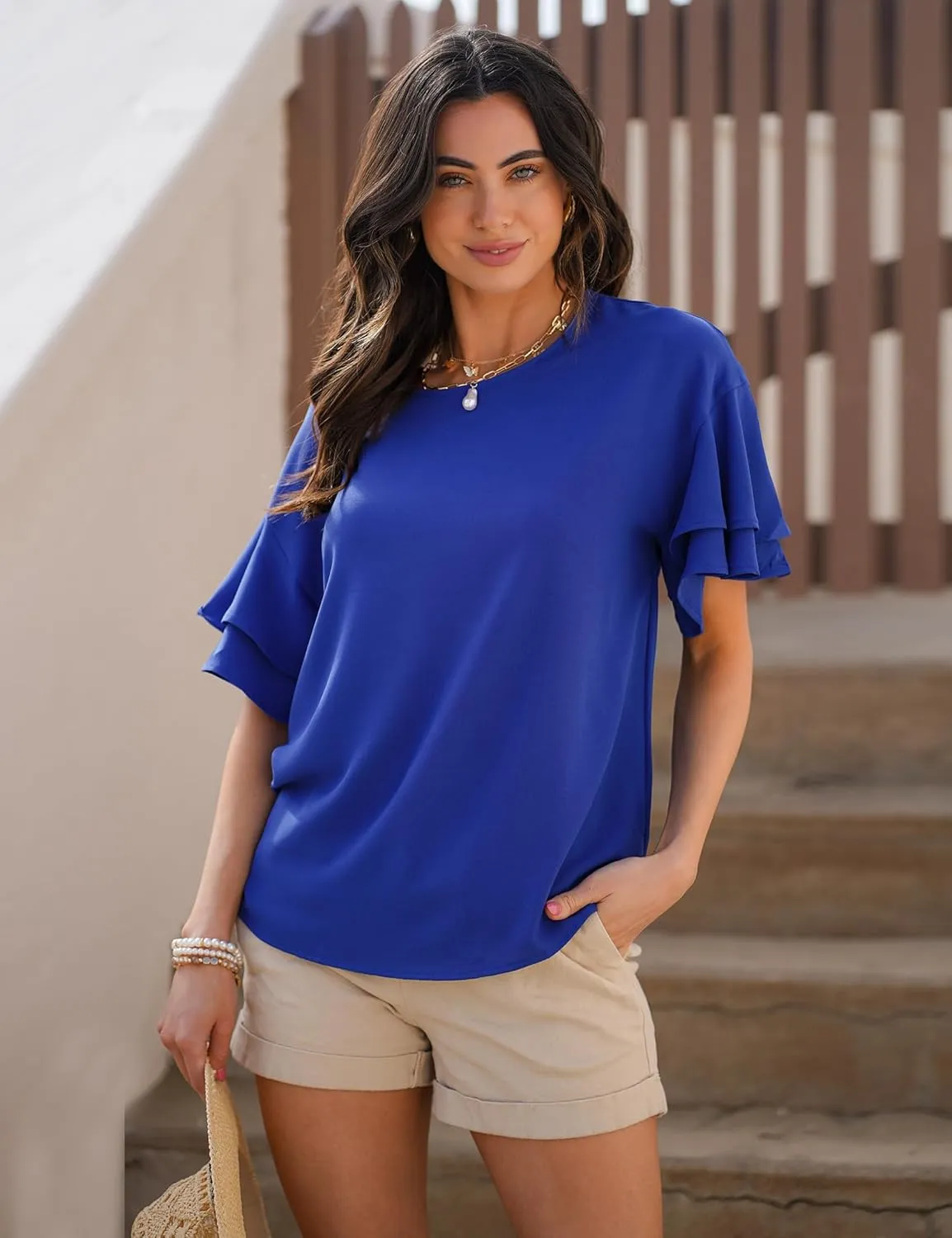luvamia Women's Casual 3/4 Tiered Bell Sleeve Crewneck Loose Tops Blouses Shirt
