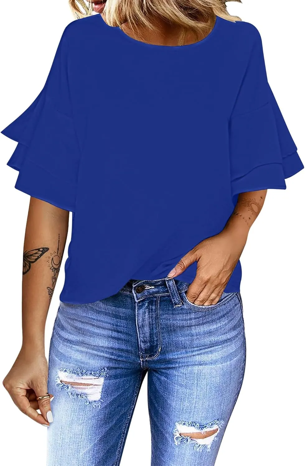 luvamia Women's Casual 3/4 Tiered Bell Sleeve Crewneck Loose Tops Blouses Shirt
