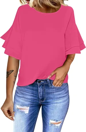 luvamia Women's Casual 3/4 Tiered Bell Sleeve Crewneck Loose Tops Blouses Shirt