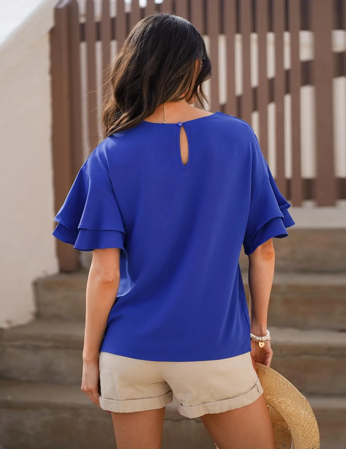 luvamia Women's Casual 3/4 Tiered Bell Sleeve Crewneck Loose Tops Blouses Shirt