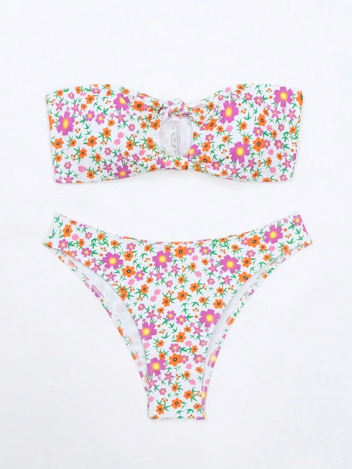 MakeMeChic Women's 2 Piece Bandeau Swimsuit Floral Cut Out Bikini Set Strapless Bathing Suits