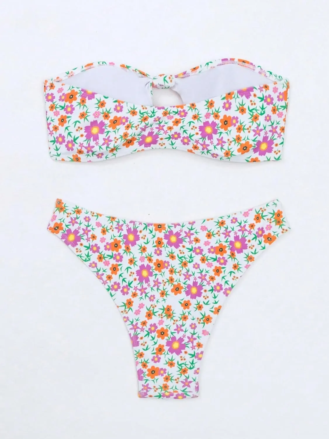 MakeMeChic Women's 2 Piece Bandeau Swimsuit Floral Cut Out Bikini Set Strapless Bathing Suits
