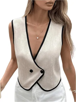 MakeMeChic Women's Contrast Binding Sleeveless Vest Button Down V Neck Work Office Blouses Top