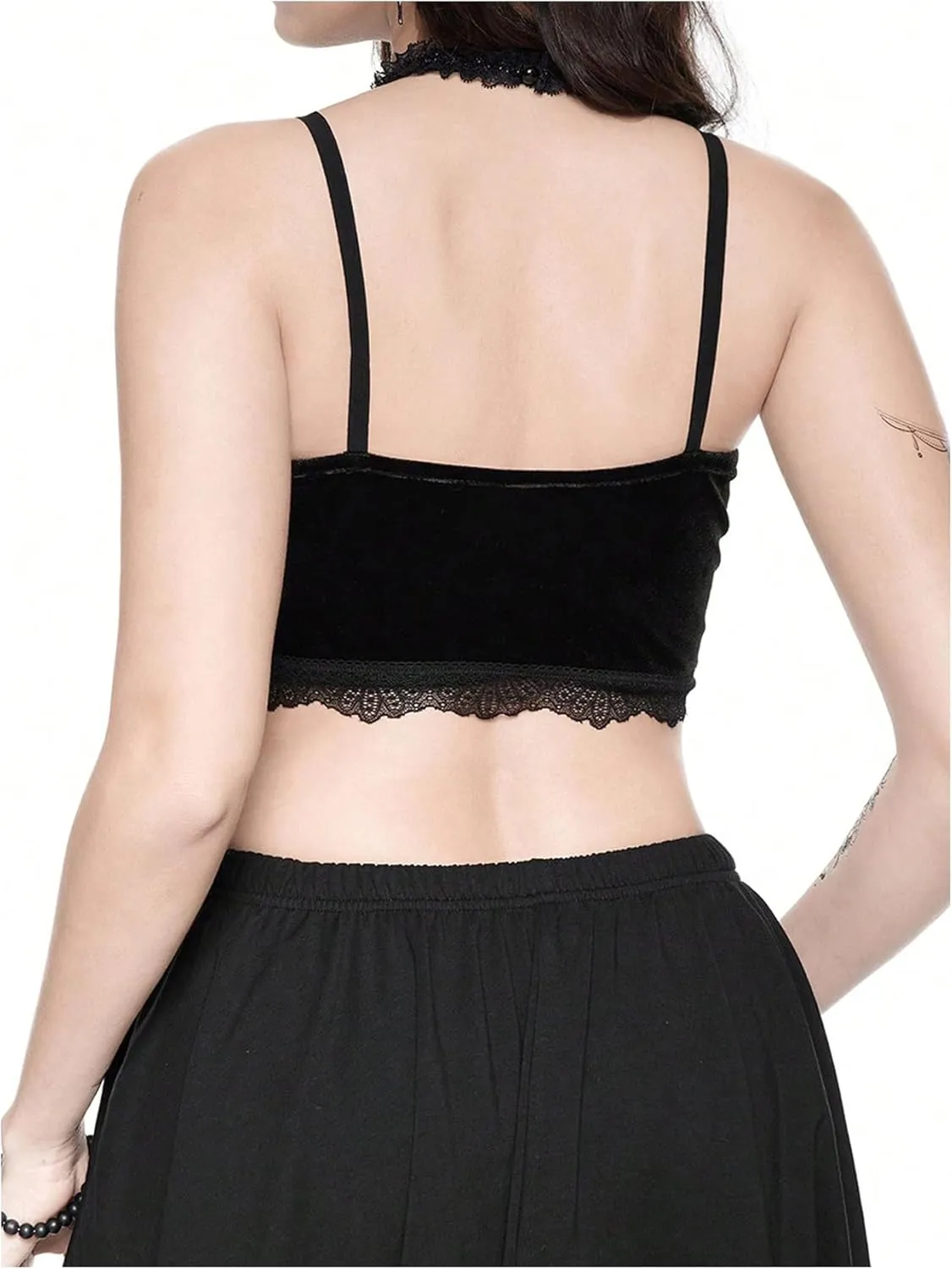MakeMeChic Women's Gothic Tops Velvet Lace Embroidery Halter Crop Tops Criss Cross Camisole Top