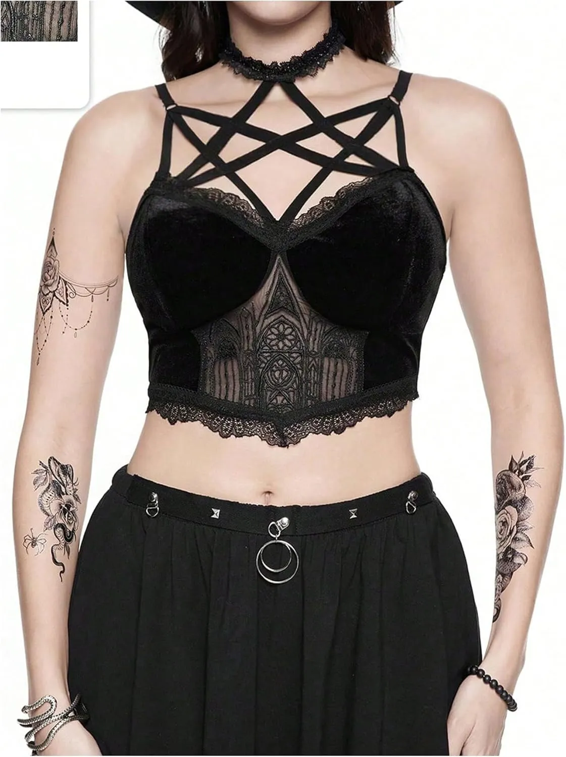 MakeMeChic Women's Gothic Tops Velvet Lace Embroidery Halter Crop Tops Criss Cross Camisole Top