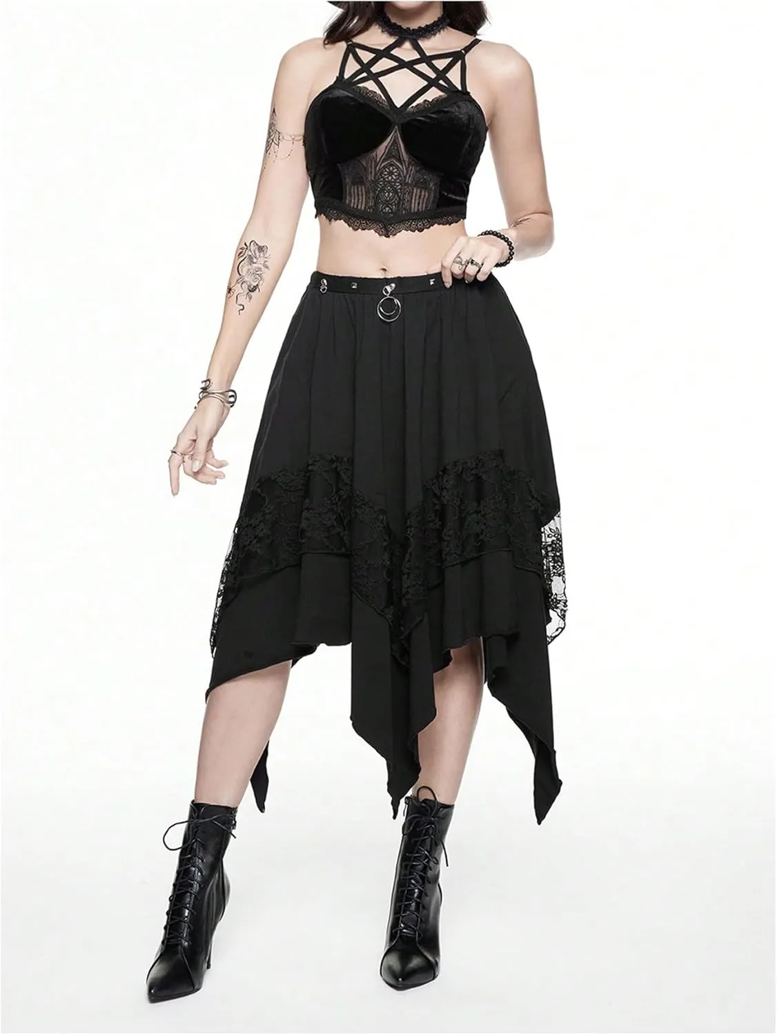 MakeMeChic Women's Gothic Tops Velvet Lace Embroidery Halter Crop Tops Criss Cross Camisole Top