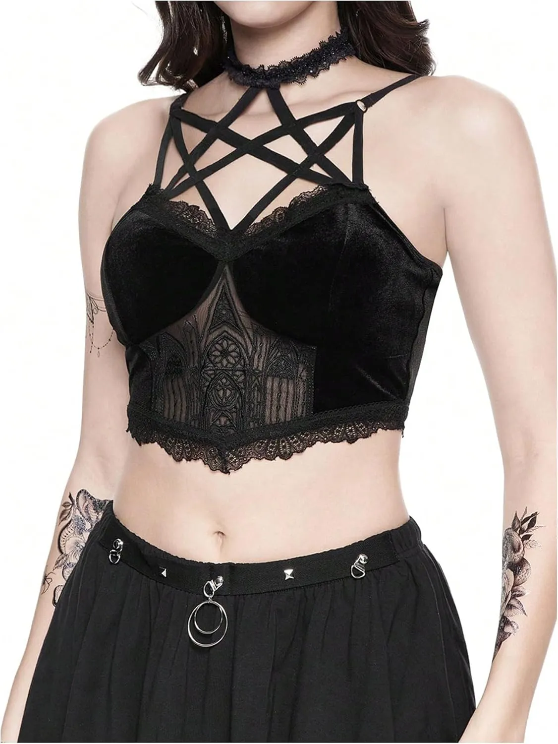 MakeMeChic Women's Gothic Tops Velvet Lace Embroidery Halter Crop Tops Criss Cross Camisole Top