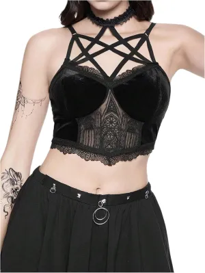 MakeMeChic Women's Gothic Tops Velvet Lace Embroidery Halter Crop Tops Criss Cross Camisole Top