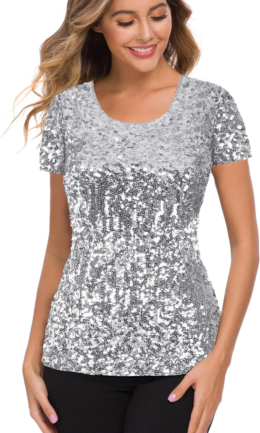 MANER Womens Full Sequin Tops Glitter Party Shirt Short Sleeve Sparkle Blouses S-4X
