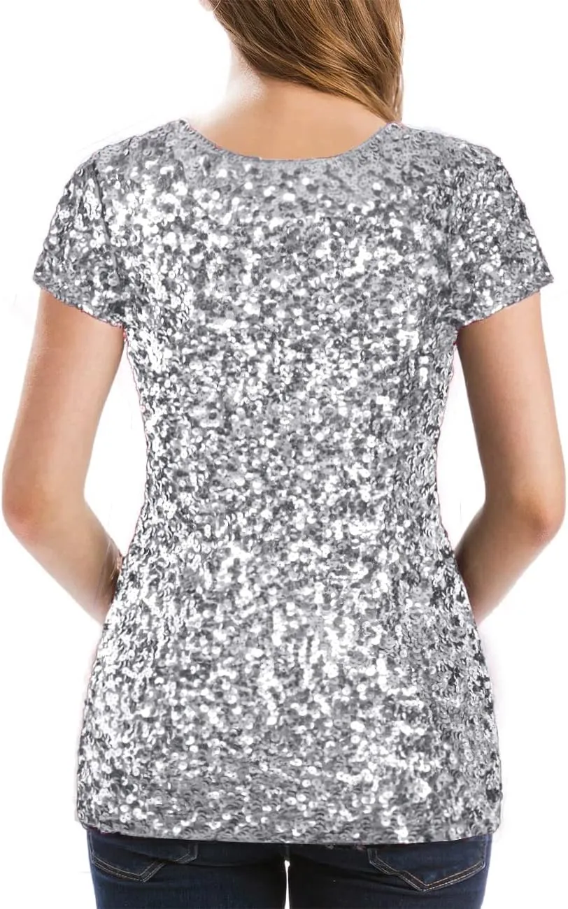 MANER Womens Full Sequin Tops Glitter Party Shirt Short Sleeve Sparkle Blouses S-4X