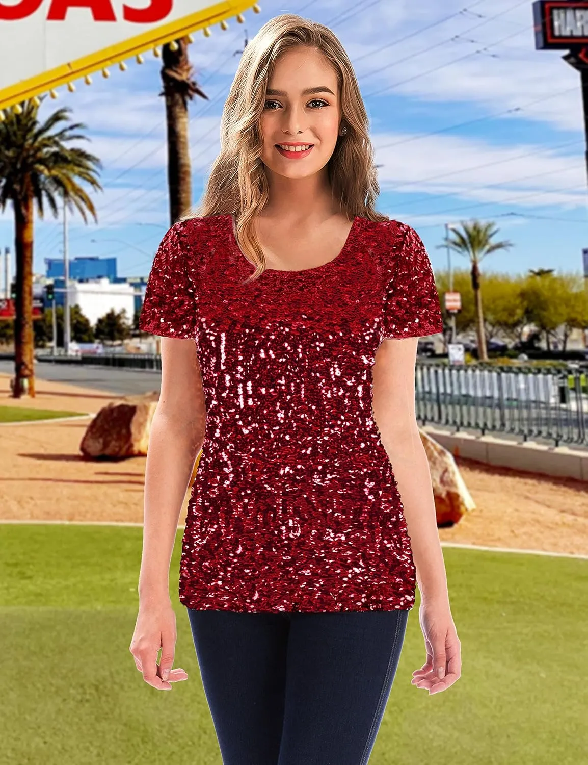 MANER Womens Full Sequin Tops Glitter Party Shirt Short Sleeve Sparkle Blouses S-4X