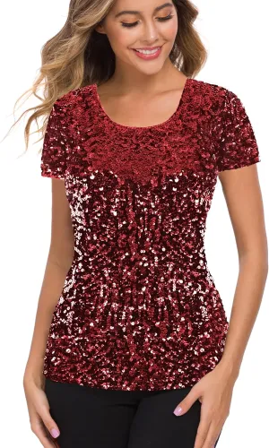 MANER Womens Full Sequin Tops Glitter Party Shirt Short Sleeve Sparkle Blouses S-4X
