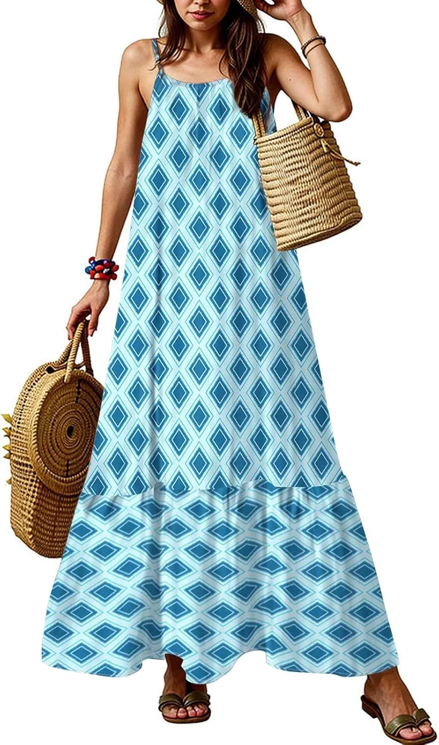 Maxi Dresses for Women 2025 Summer Boho Spaghetti Strap Maxi Dress Vintage Prin Long Dresses Casual Flowy Beach Dress