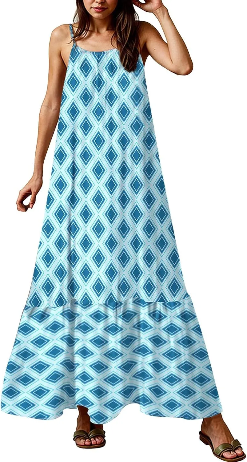 Maxi Dresses for Women 2025 Summer Boho Spaghetti Strap Maxi Dress Vintage Prin Long Dresses Casual Flowy Beach Dress