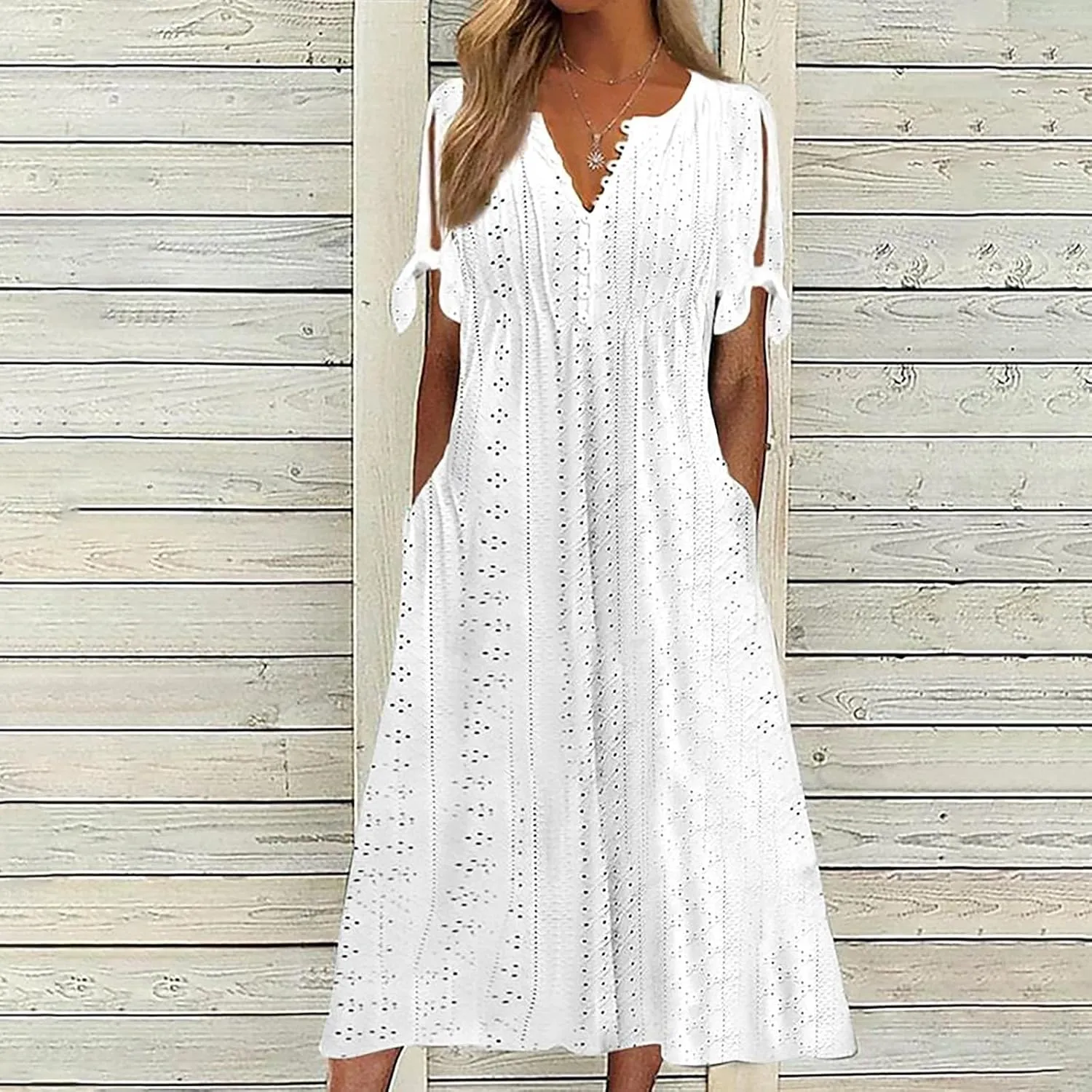 Maxi Long Dresses for Women 2025 Vacation Casual Short Sleeve Eyelet Tshirt Dress Summer Beach Travel Sundress Trendy