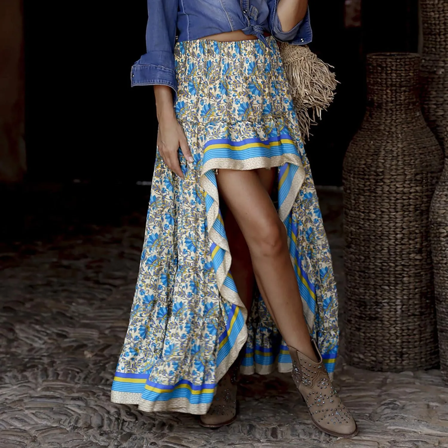 Maxi Skirt Fasjion Split Low Hem Print Floral Boho High Long Maxi Side Ruffle Skirt Swing Women Skirt Women Long