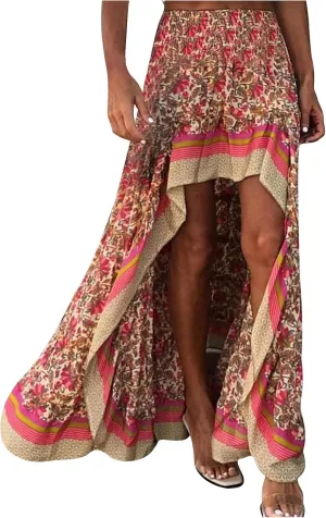 Maxi Skirt Fasjion Split Low Hem Print Floral Boho High Long Maxi Side Ruffle Skirt Swing Women Skirt Women Long