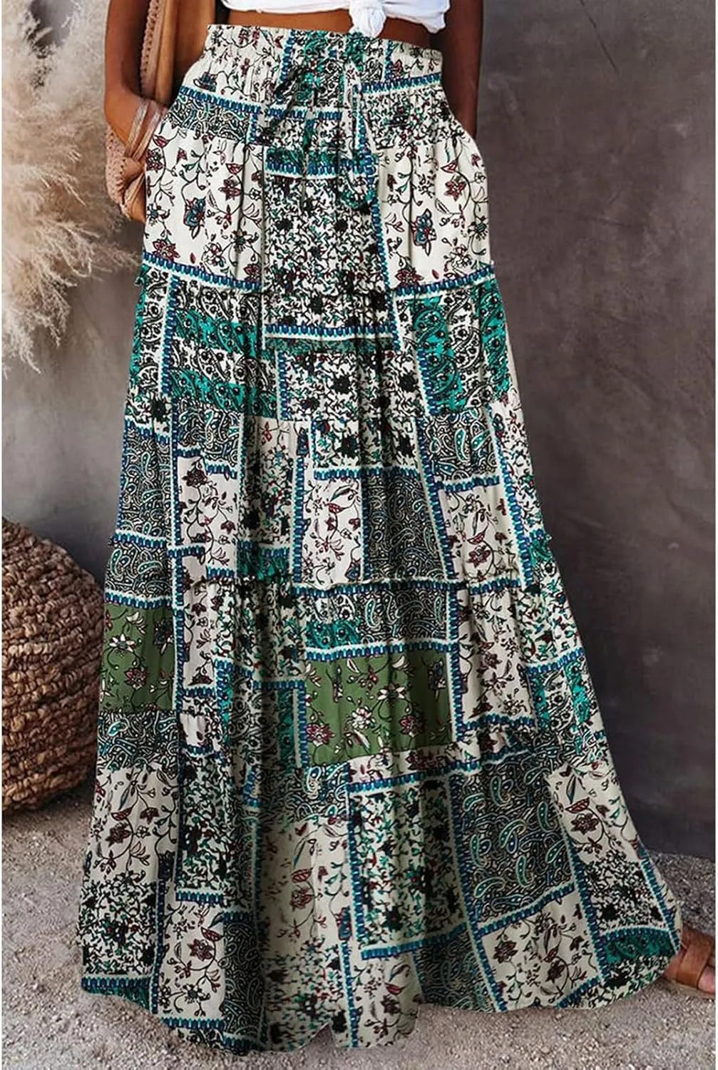 Maxi Skirts for Women Drawstring Elastic Waisted Tiered Pleated Long Floral Skirt Flowy Casual Womens Summer Skirts