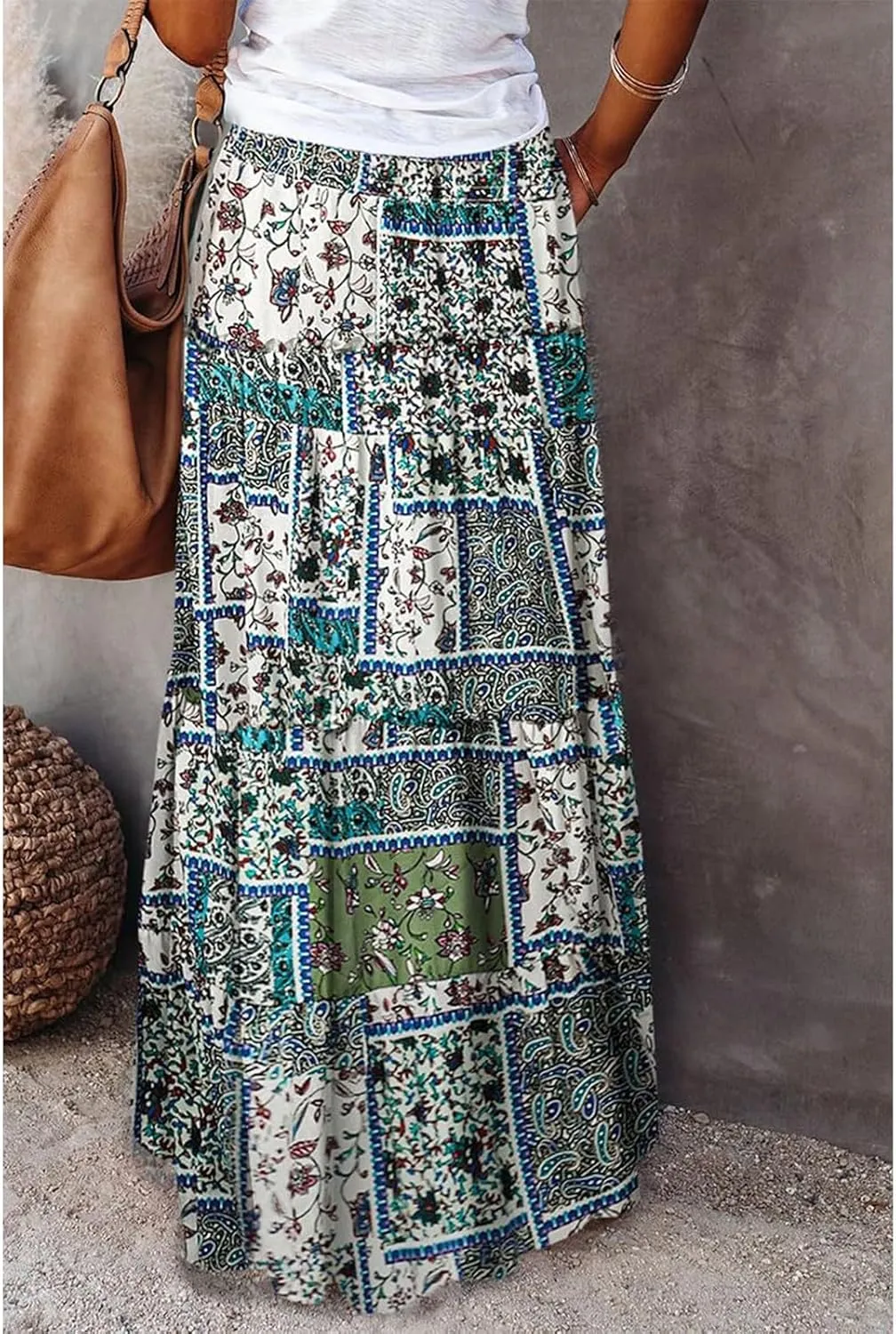 Maxi Skirts for Women Drawstring Elastic Waisted Tiered Pleated Long Floral Skirt Flowy Casual Womens Summer Skirts