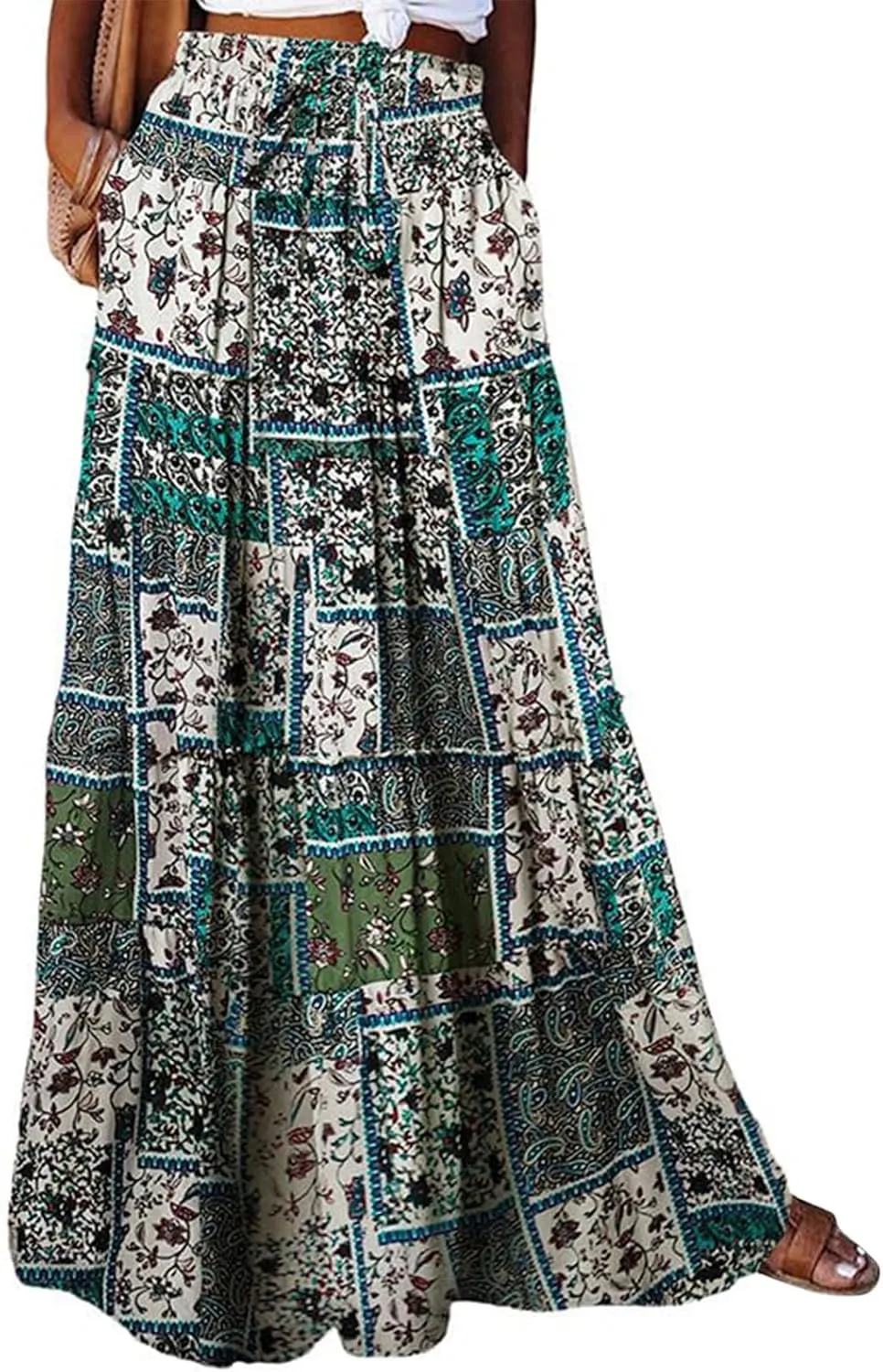 Maxi Skirts for Women Drawstring Elastic Waisted Tiered Pleated Long Floral Skirt Flowy Casual Womens Summer Skirts