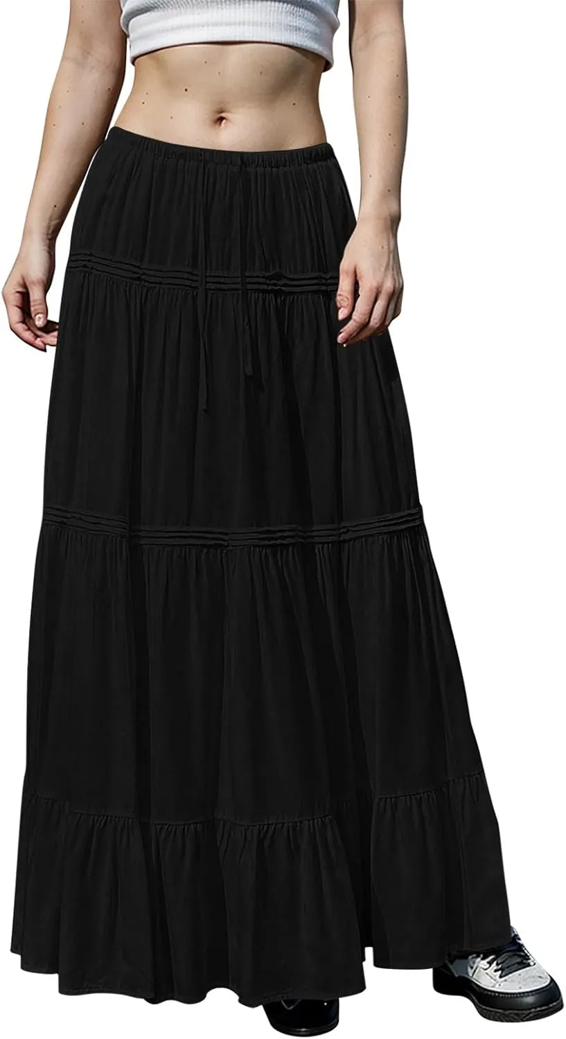 Maxi Skirts for Women Trendy Drawstring High Waisted Flowy Tiered Linen Skirt Pleated Ruffled A-Line Long Skirts