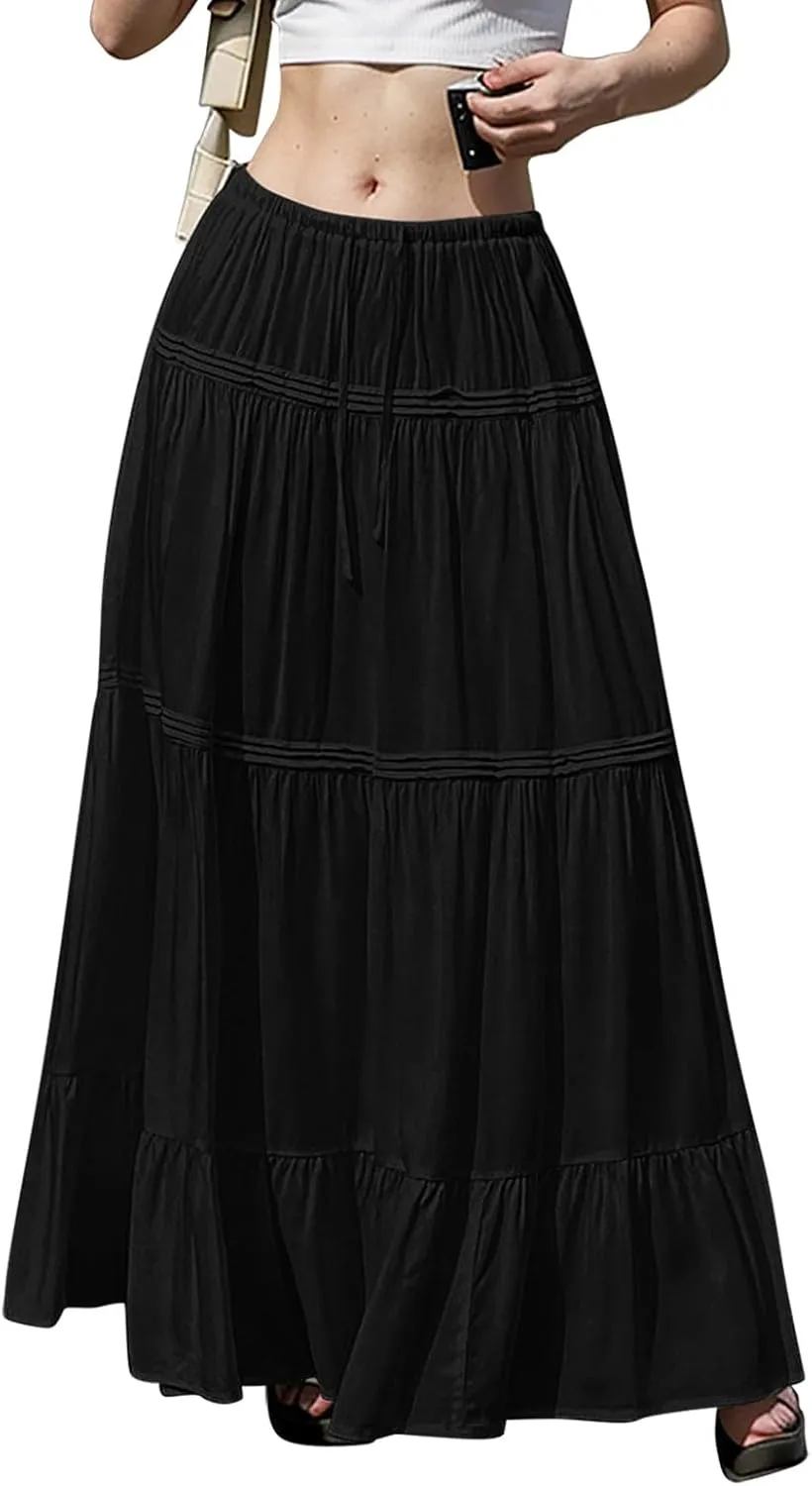Maxi Skirts for Women Trendy Drawstring High Waisted Flowy Tiered Linen Skirt Pleated Ruffled A-Line Long Skirts