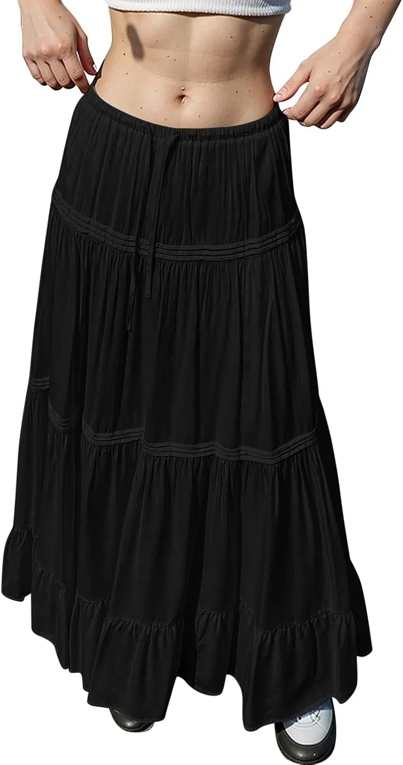 Maxi Skirts for Women Trendy Drawstring High Waisted Flowy Tiered Linen Skirt Pleated Ruffled A-Line Long Skirts