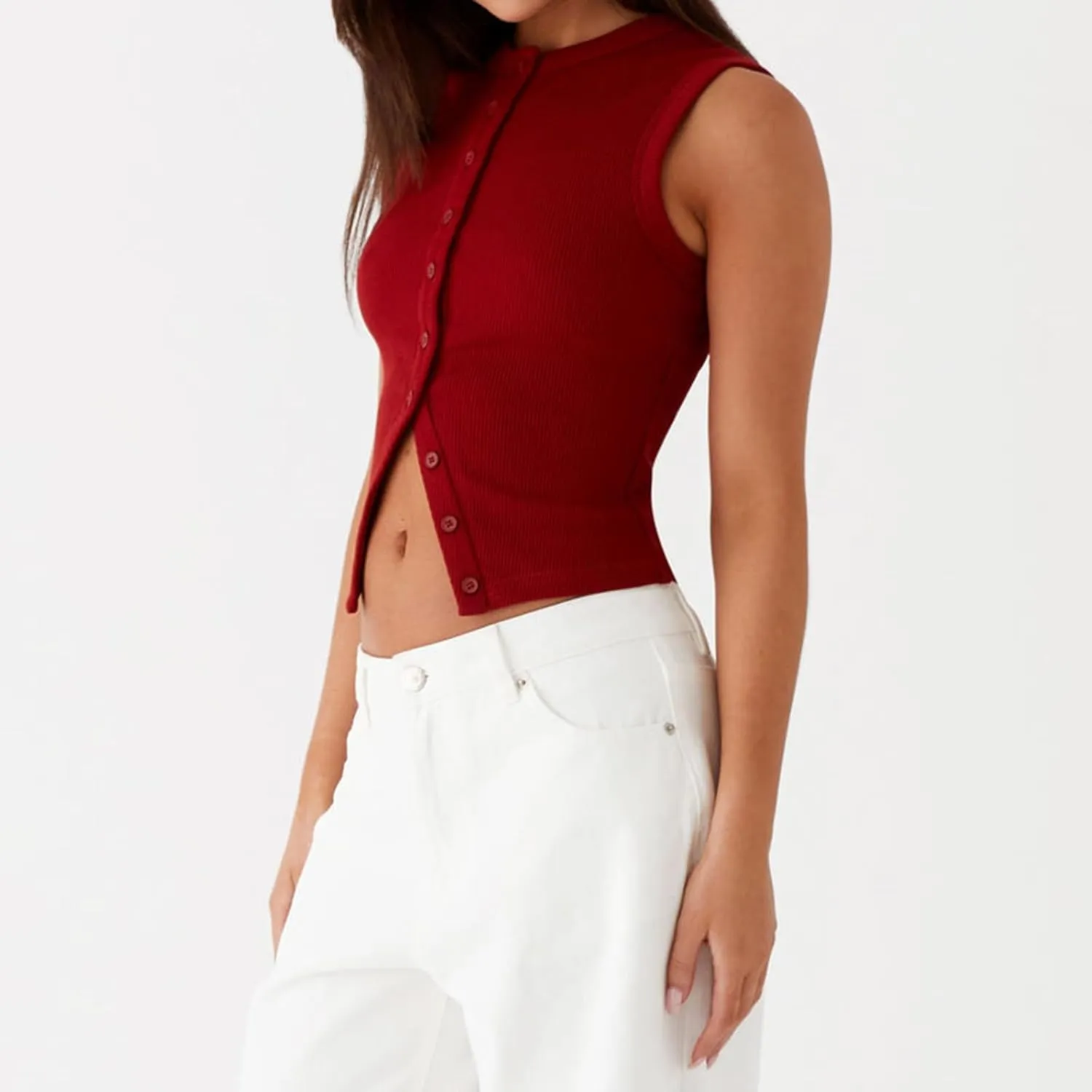 Meihuida Women Ribbed Button Down Y2k Going Out Crop Tank Top Sleeveless Knit Vest Tops