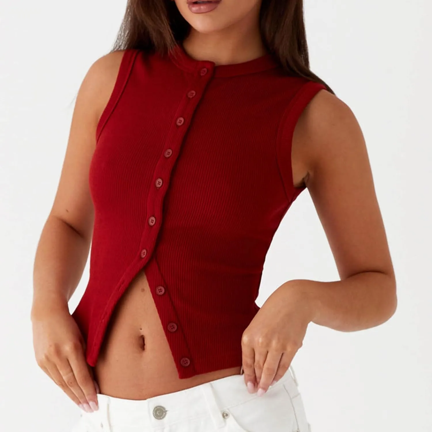 Meihuida Women Ribbed Button Down Y2k Going Out Crop Tank Top Sleeveless Knit Vest Tops