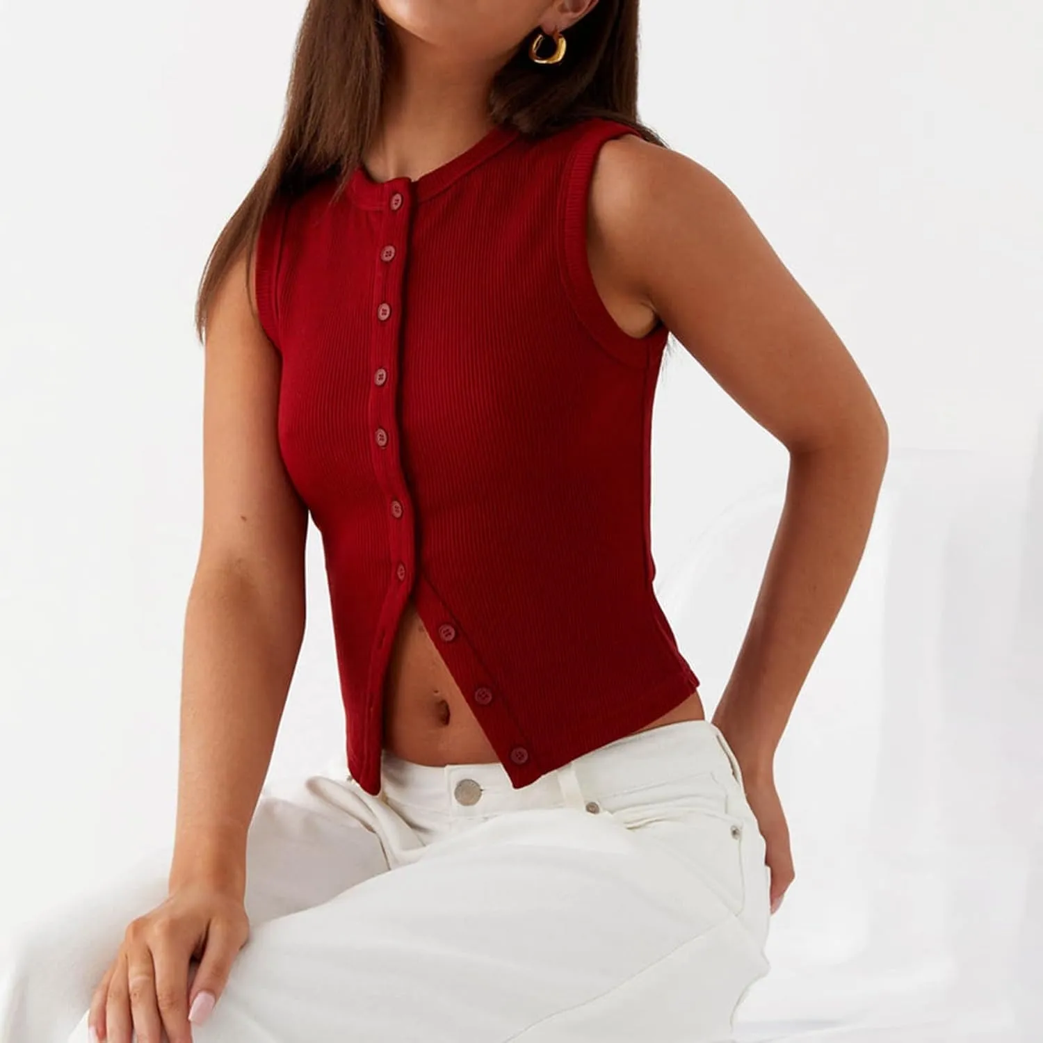 Meihuida Women Ribbed Button Down Y2k Going Out Crop Tank Top Sleeveless Knit Vest Tops