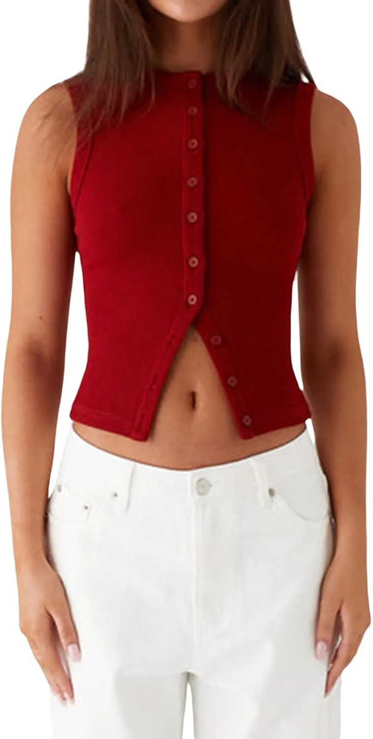 Meihuida Women Ribbed Button Down Y2k Going Out Crop Tank Top Sleeveless Knit Vest Tops