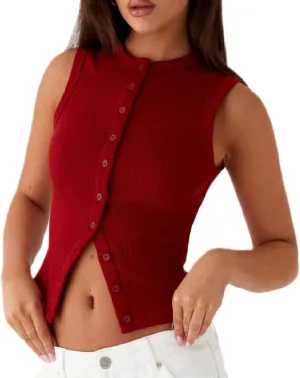 Meihuida Women Ribbed Button Down Y2k Going Out Crop Tank Top Sleeveless Knit Vest Tops