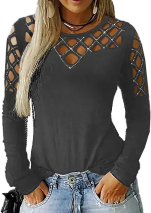 Memorose Long Sleeve Shirts for Women Crewneck Sexy Rhinestone Cut Out Tops Sparkle Blouse
