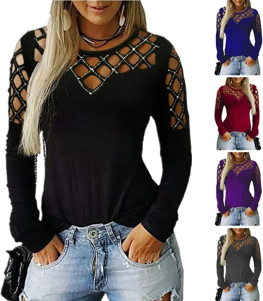 Memorose Long Sleeve Shirts for Women Crewneck Sexy Rhinestone Cut Out Tops Sparkle Blouse