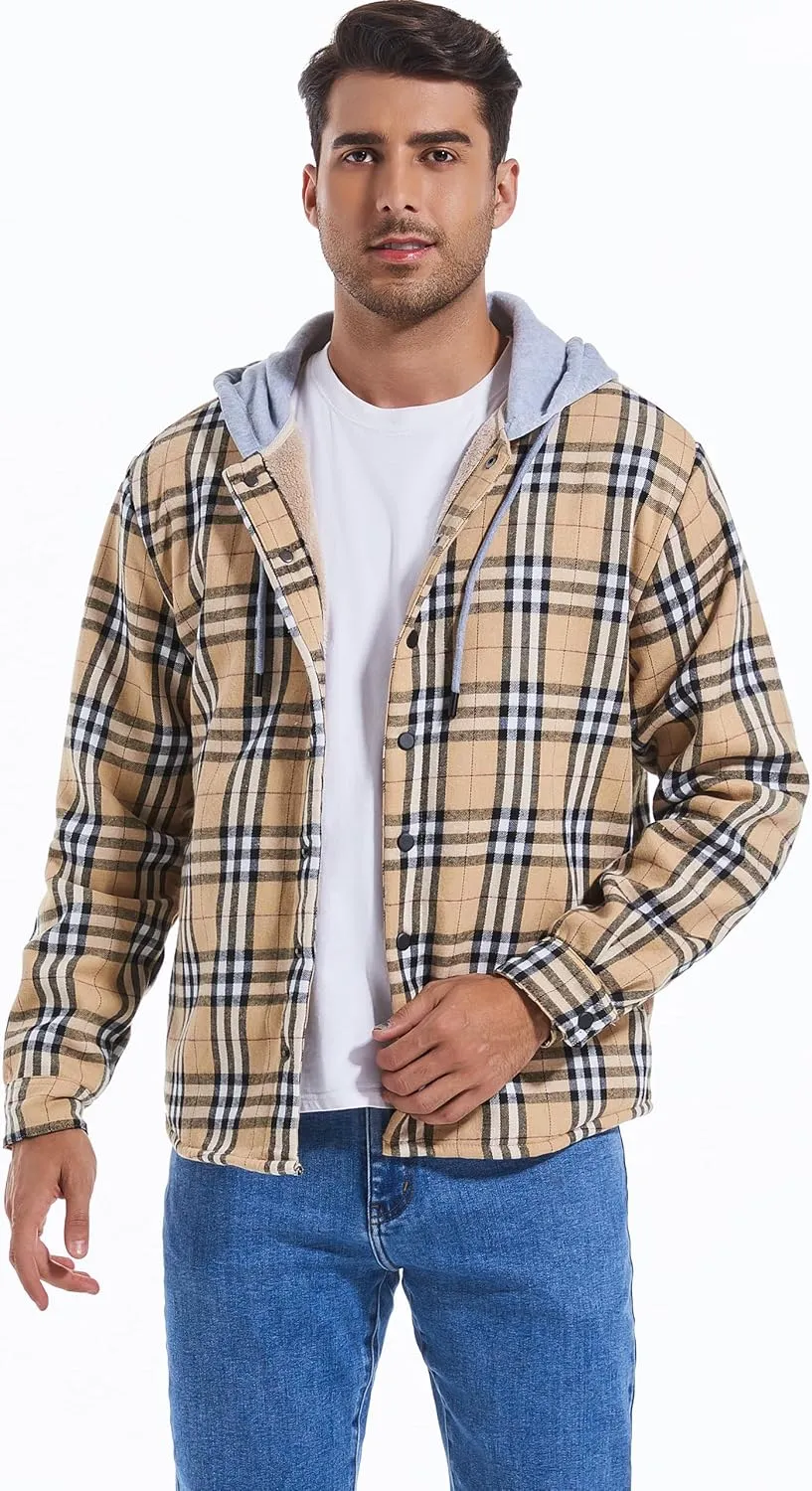 Men's Cotton Plaid Long Sleeve Shirts Jacket Fleece Lined Flannel Shirts Sherpa Button Down Coat with Hood