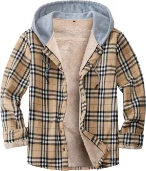 Men's Cotton Plaid Long Sleeve Shirts Jacket Fleece Lined Flannel Shirts Sherpa Button Down Coat with Hood