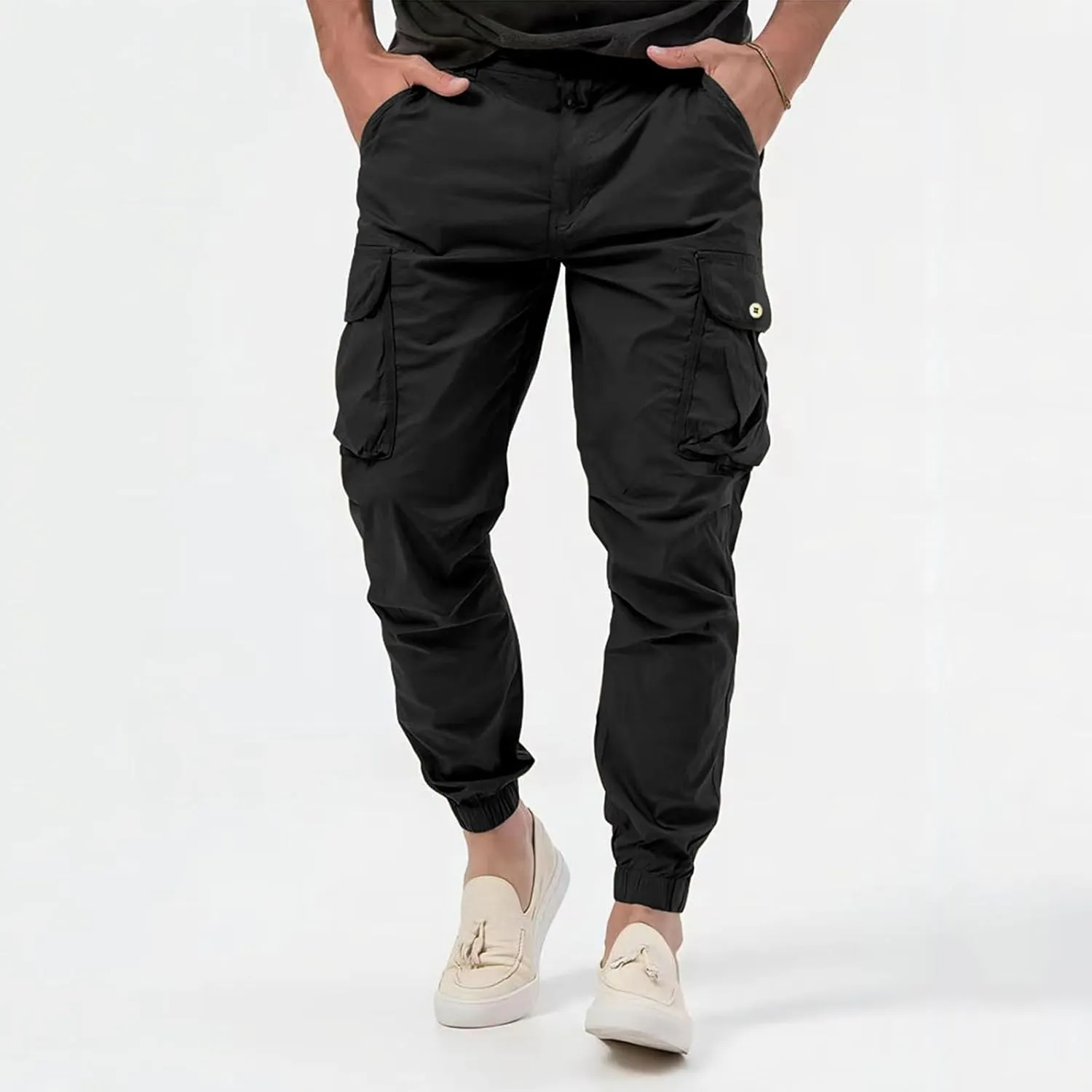 Men's Hiking Cargo Pants Slim Fit Stretch Lightweight Casual Joggers Drawstring Elastic Waist Workout Pants with Pockets