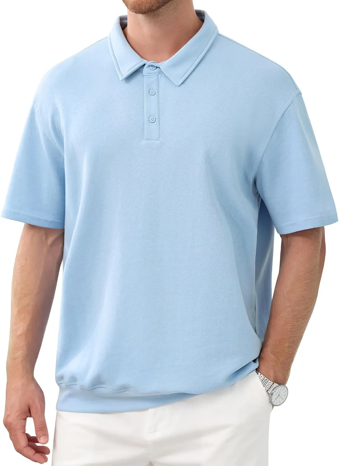 Men's Polo Shirts Short Sleeve Casual Banded Bottom Stretch Button Down Classic Golf Shirts Collared T-Shirt