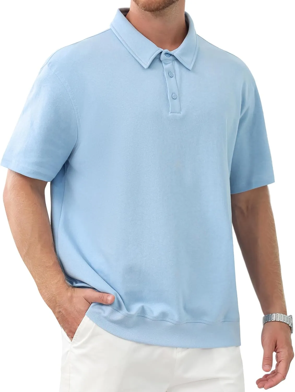 Men's Polo Shirts Short Sleeve Casual Banded Bottom Stretch Button Down Classic Golf Shirts Collared T-Shirt