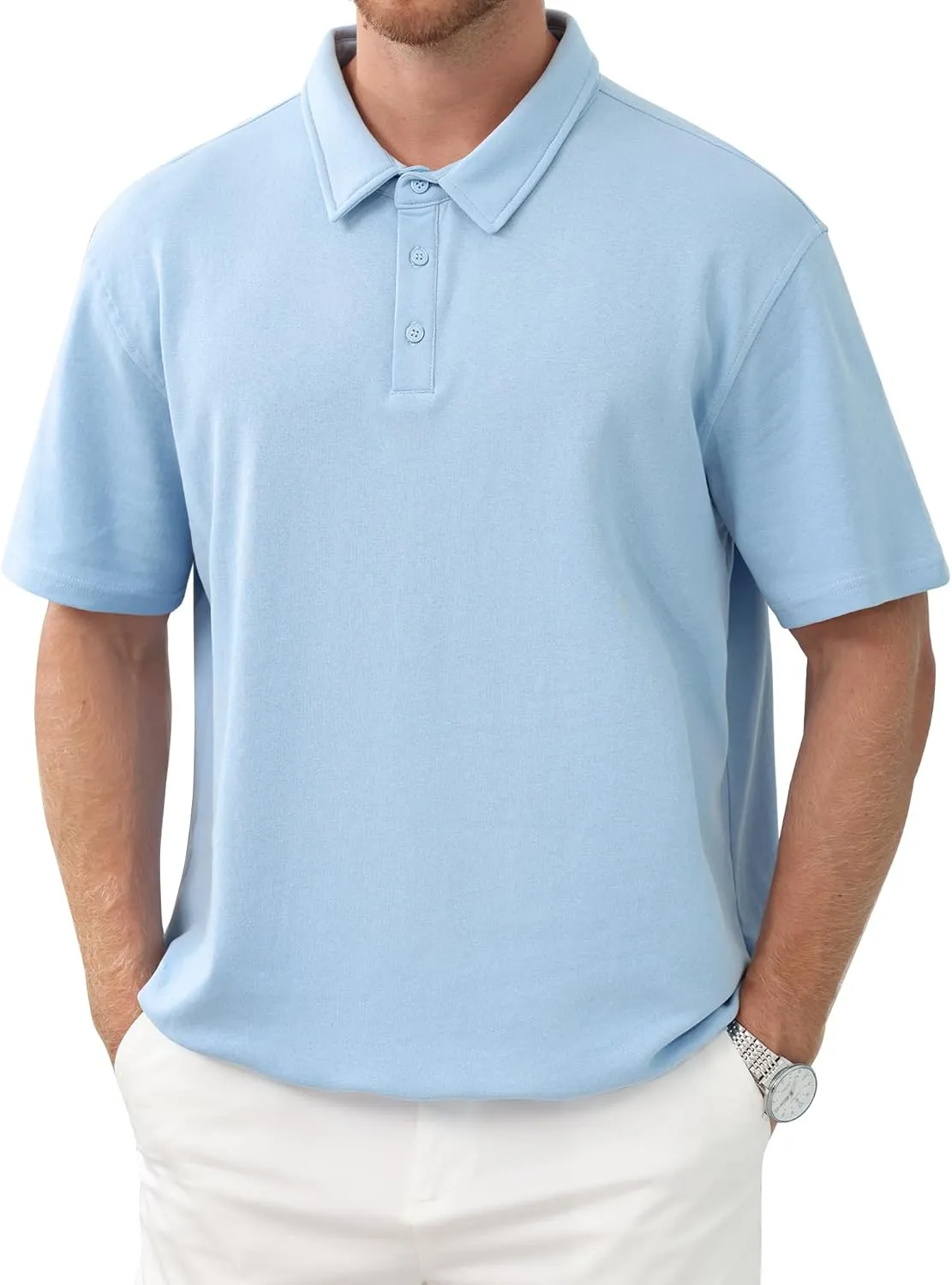 Men's Polo Shirts Short Sleeve Casual Banded Bottom Stretch Button Down Classic Golf Shirts Collared T-Shirt
